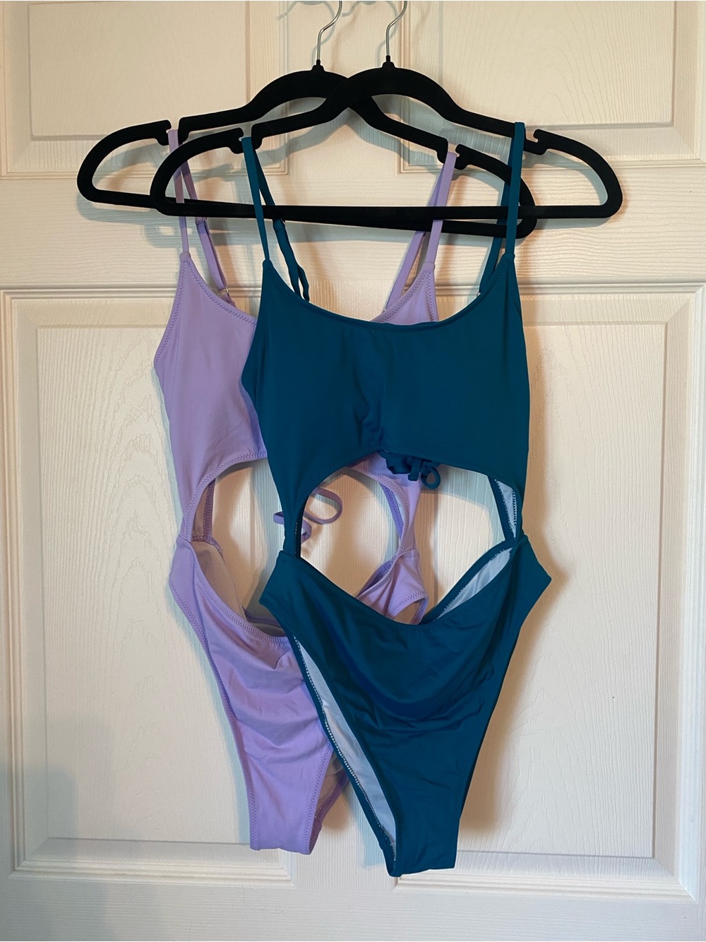 Cutout One-Piece Swimsuits in Teal and Lavender